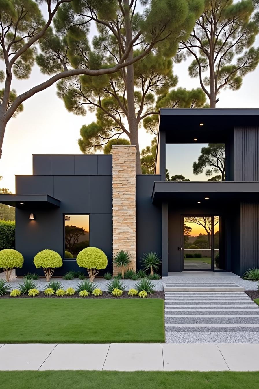 Contemporary black house with sleek design and lush greenery