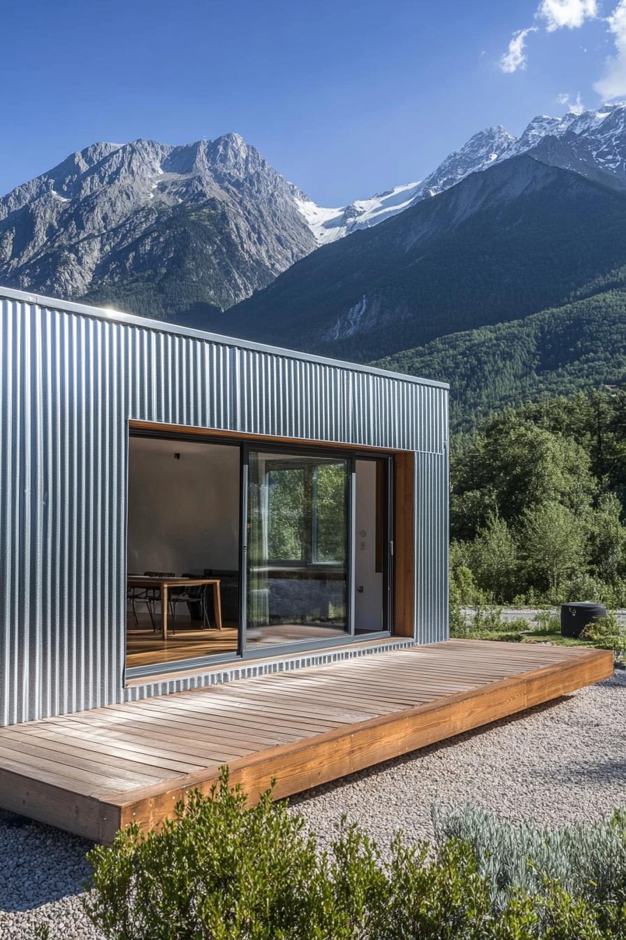 Compact metal building with a wooden deck set against a mountain backdrop