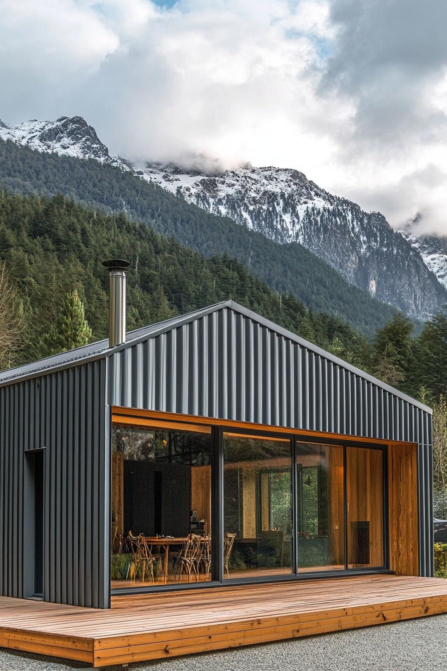 Small metal house with mountains in the background