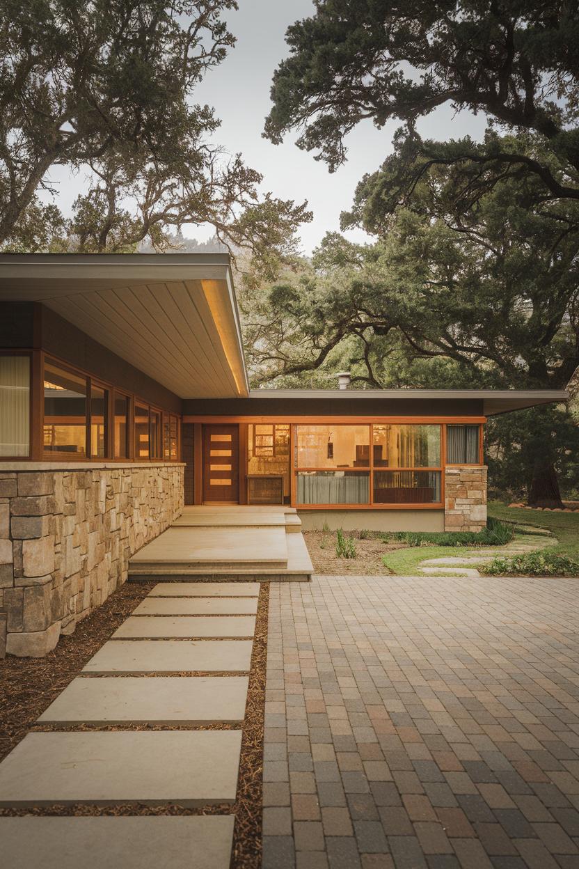 A mid-century ranch house with stone facades and large windows