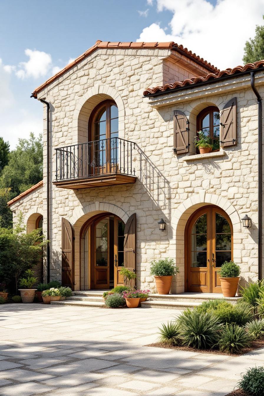 Stone house with wooden shutters and potted plants on patio