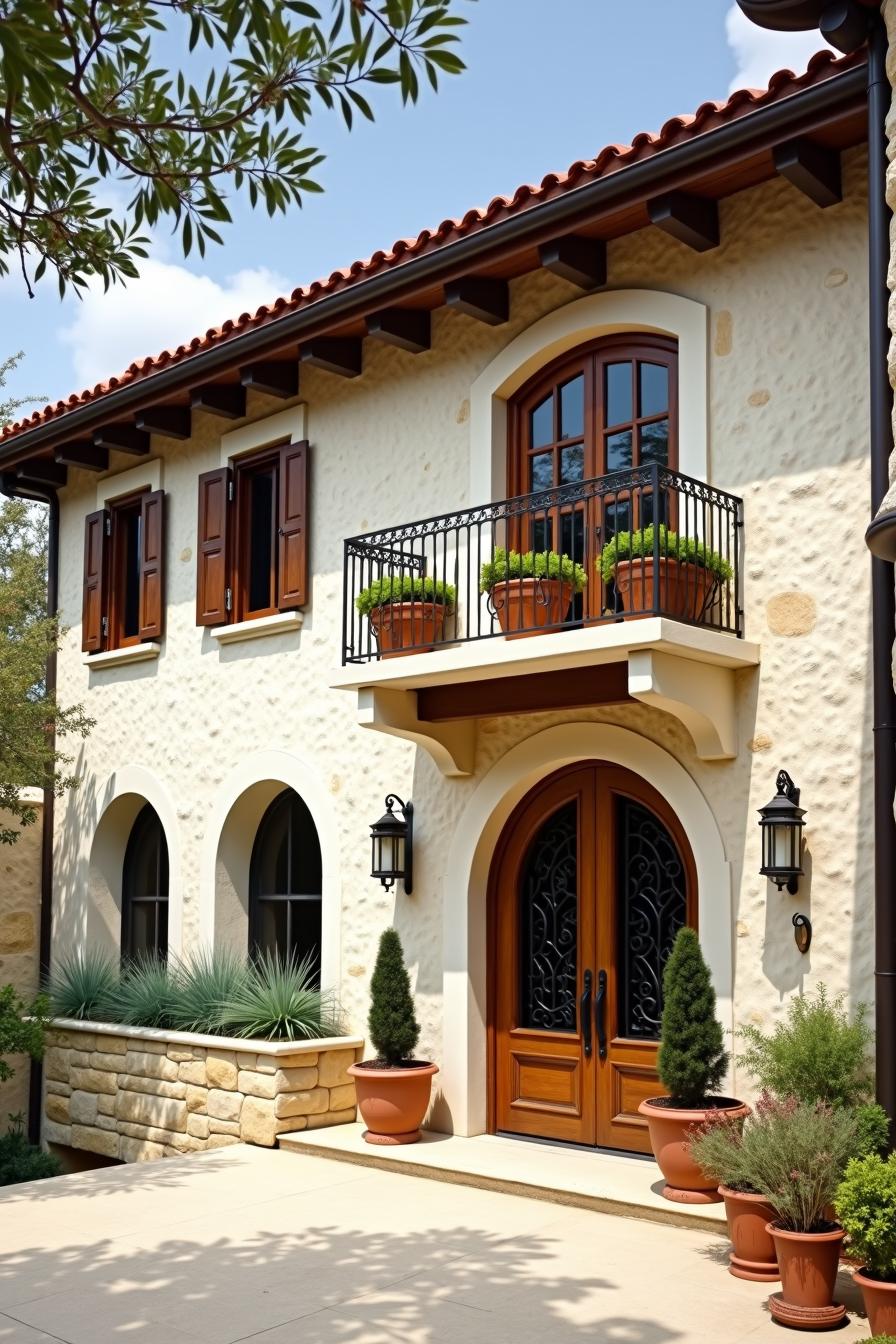 Charming two-story farmhouse with arched doors and windows