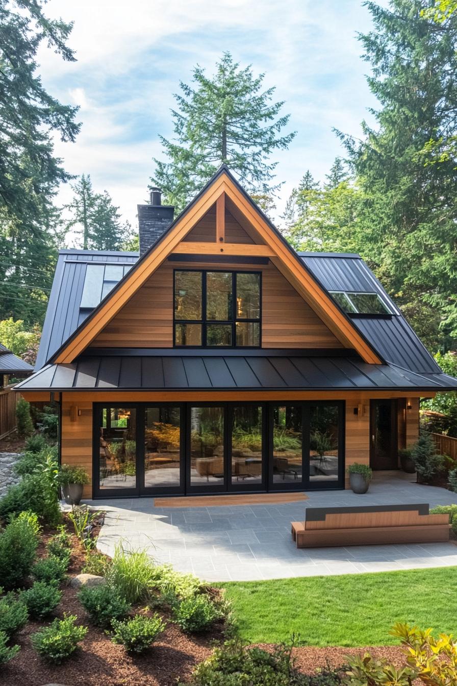 Wooden A-frame cabin surrounded by lush greenery