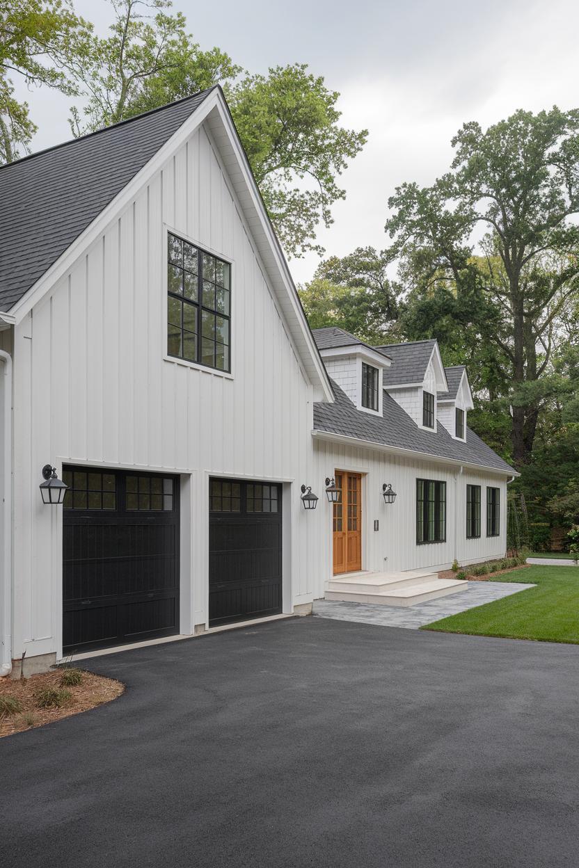 White garage house with black doors and lush green surroundings