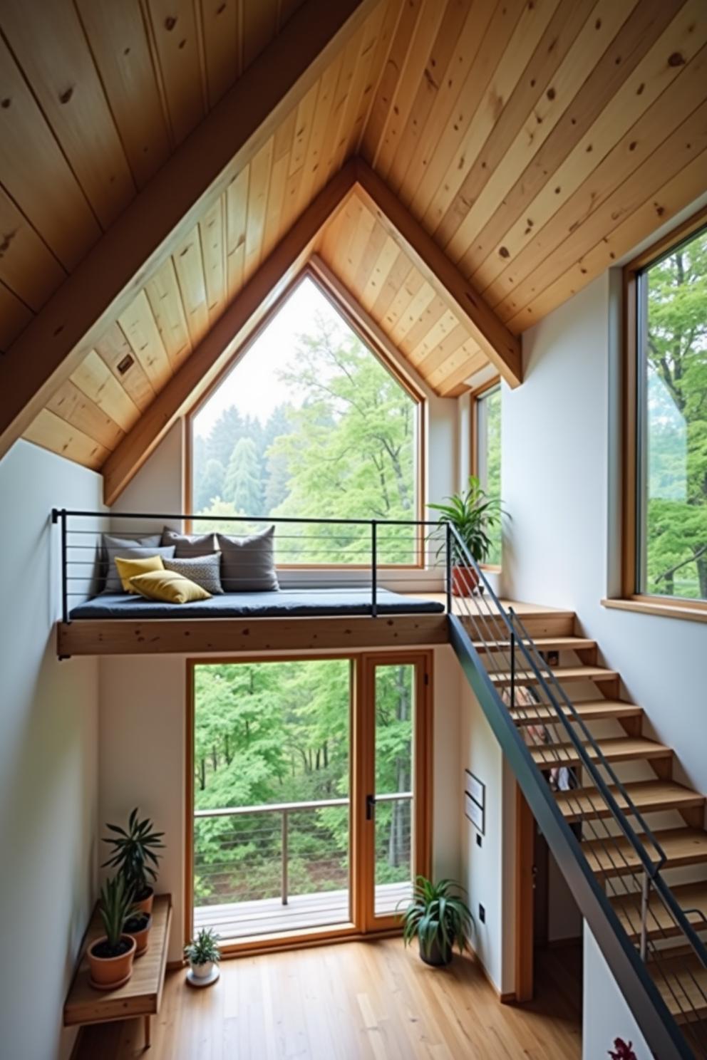 Wood-paneled loft with large windows and a cozy mezzanine