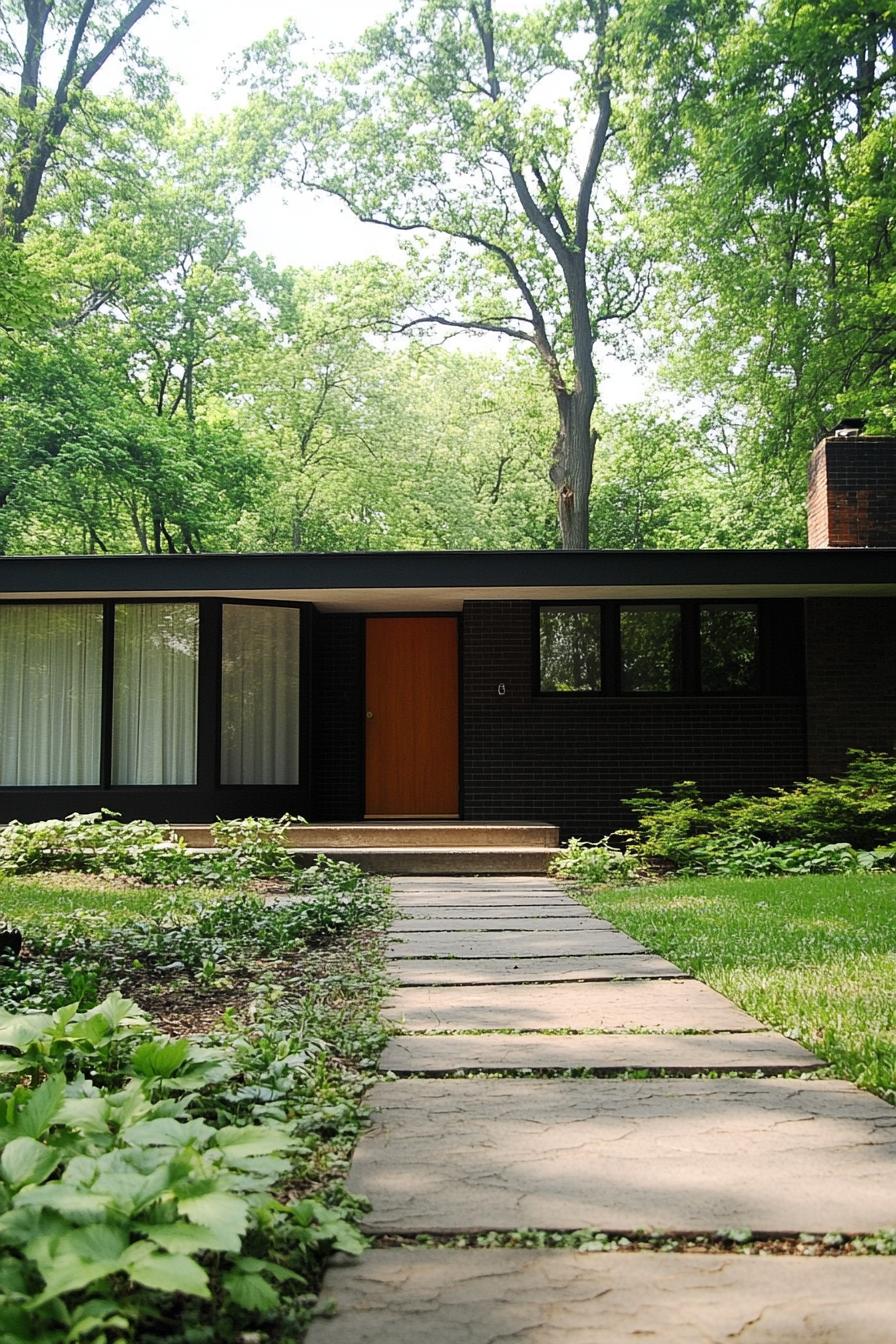 Minimalist black brick house with large windows, orange door, and lush greenery