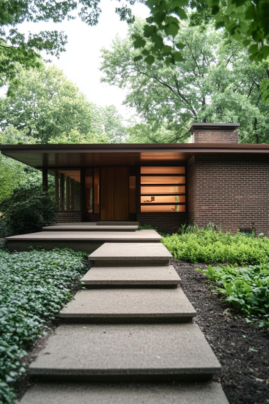 Low-profile brick house with large windows surrounded by greenery