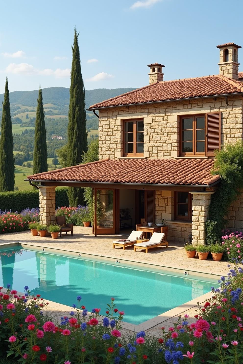 Charming villa with a pool and blooming garden