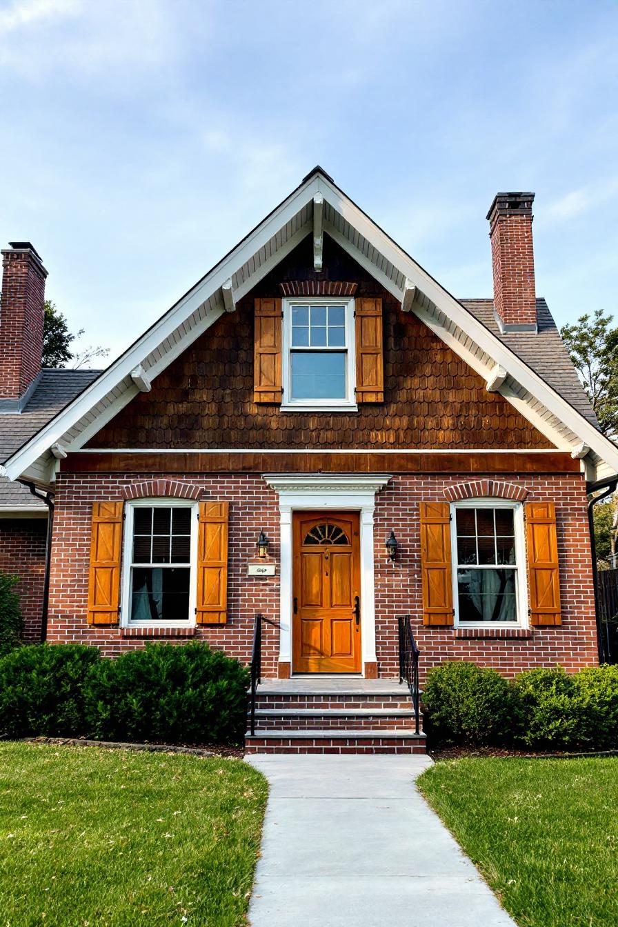 Quaint brick house with wooden shutters and a gable roof