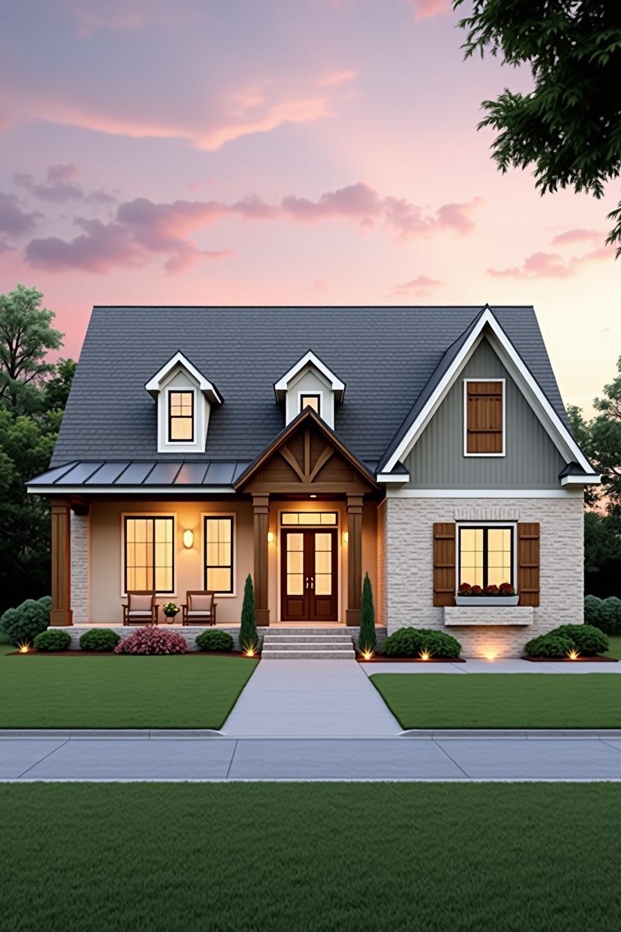 Charming house with a gable roof and welcoming porch at sunset