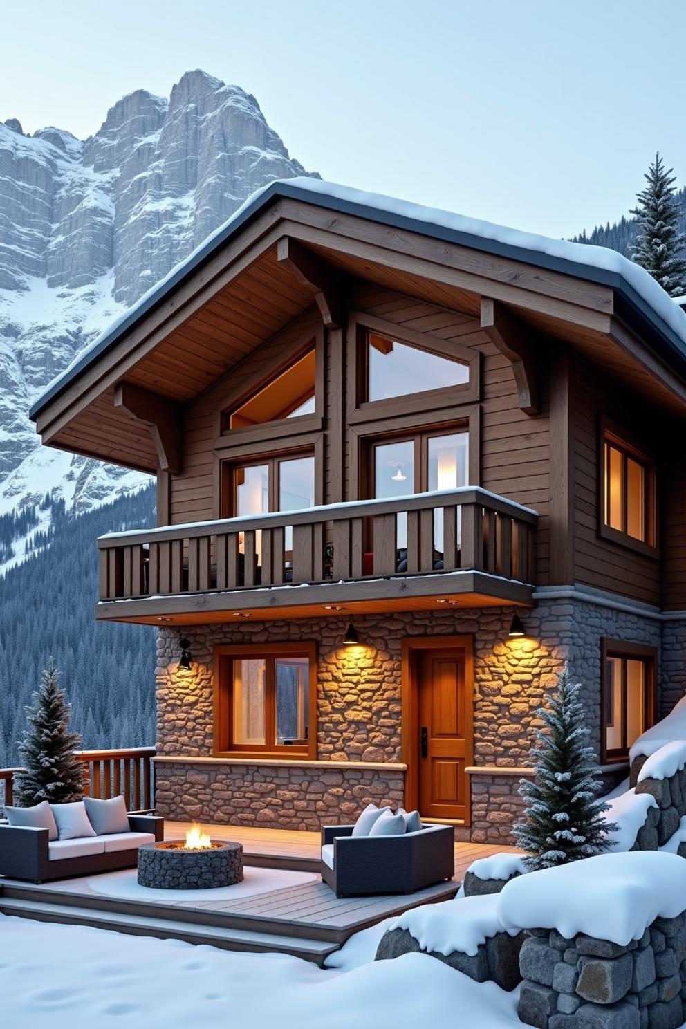 Wooden cabin with stone accents and snow-covered roof