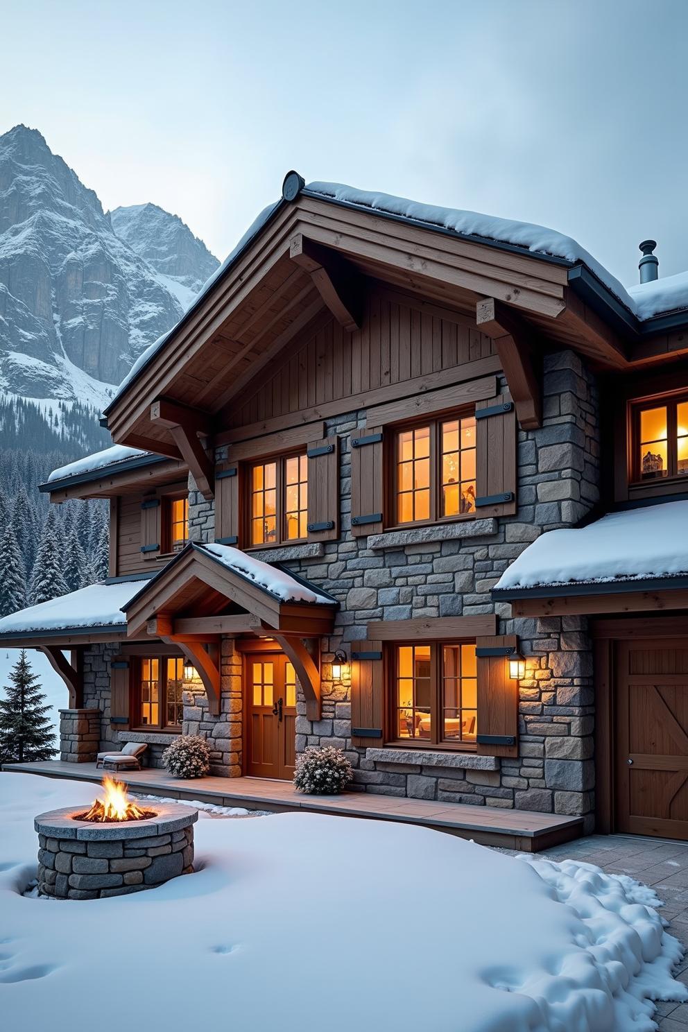 Snow-covered stone cabin at twilight