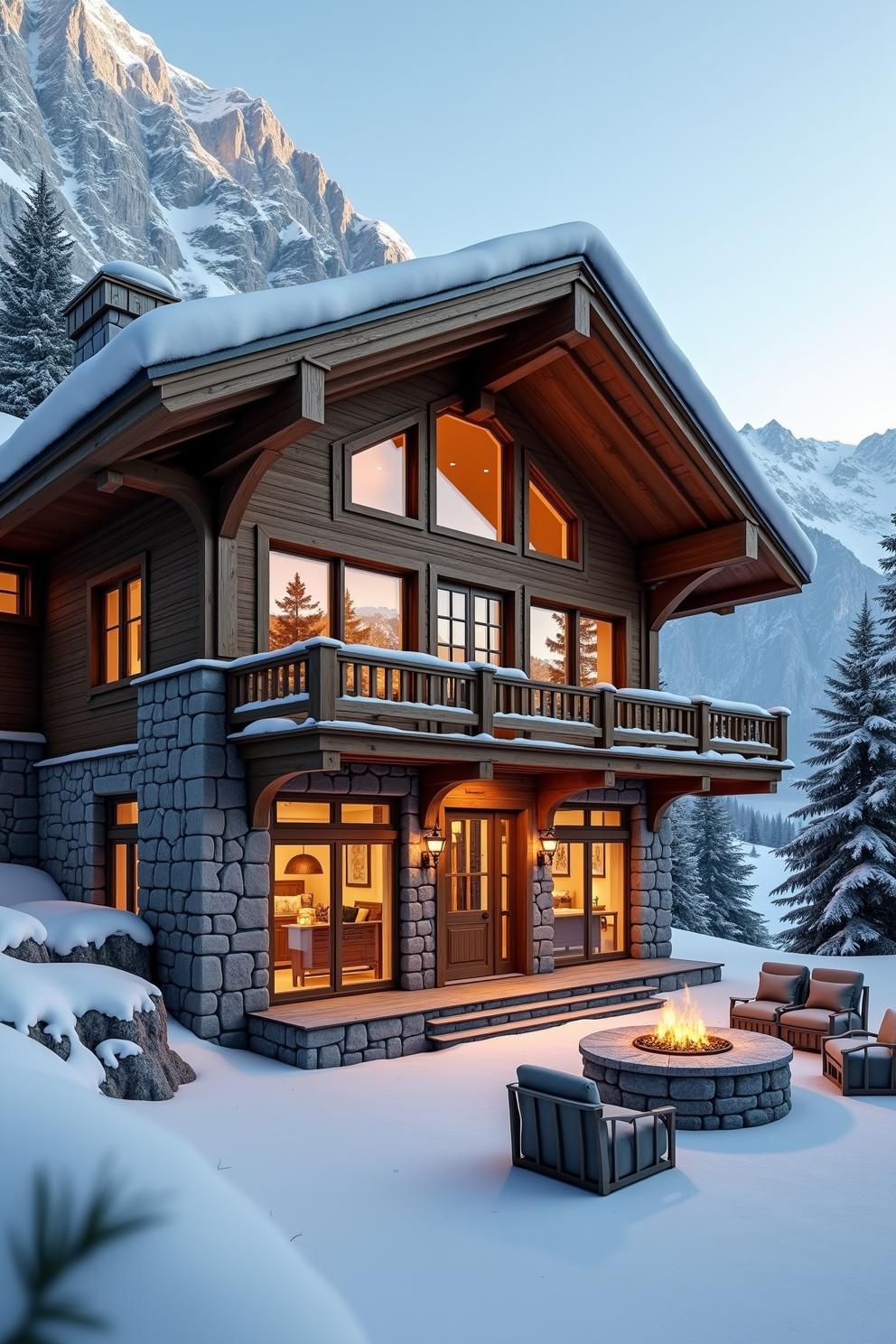 Cozy cabin with a snowy mountain backdrop