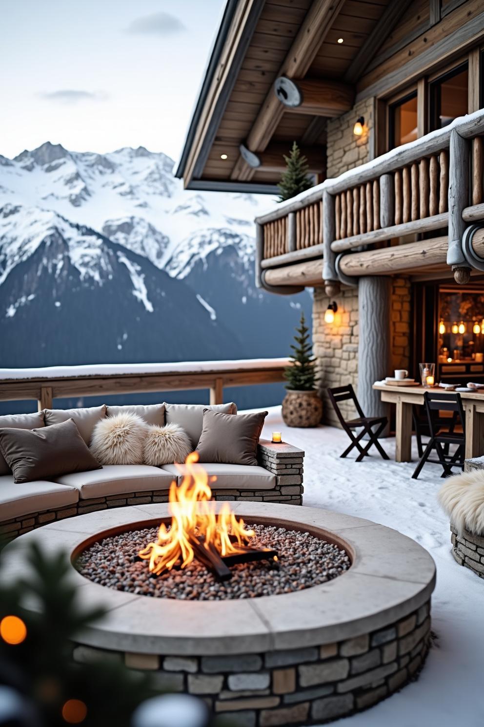 Warm fire pit and soft seating at a snow-touched cabin