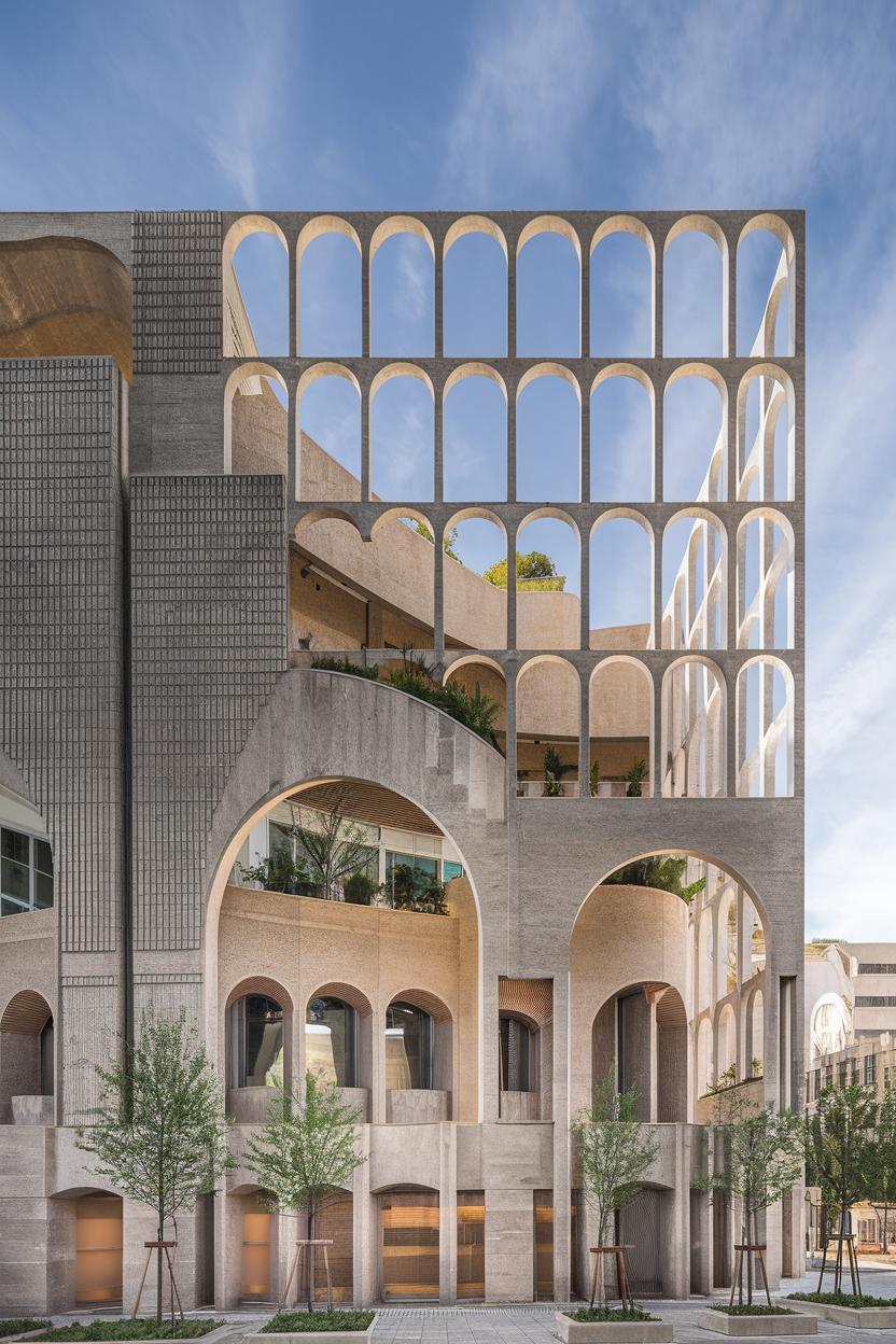 Modern building facade with layered arches and trees