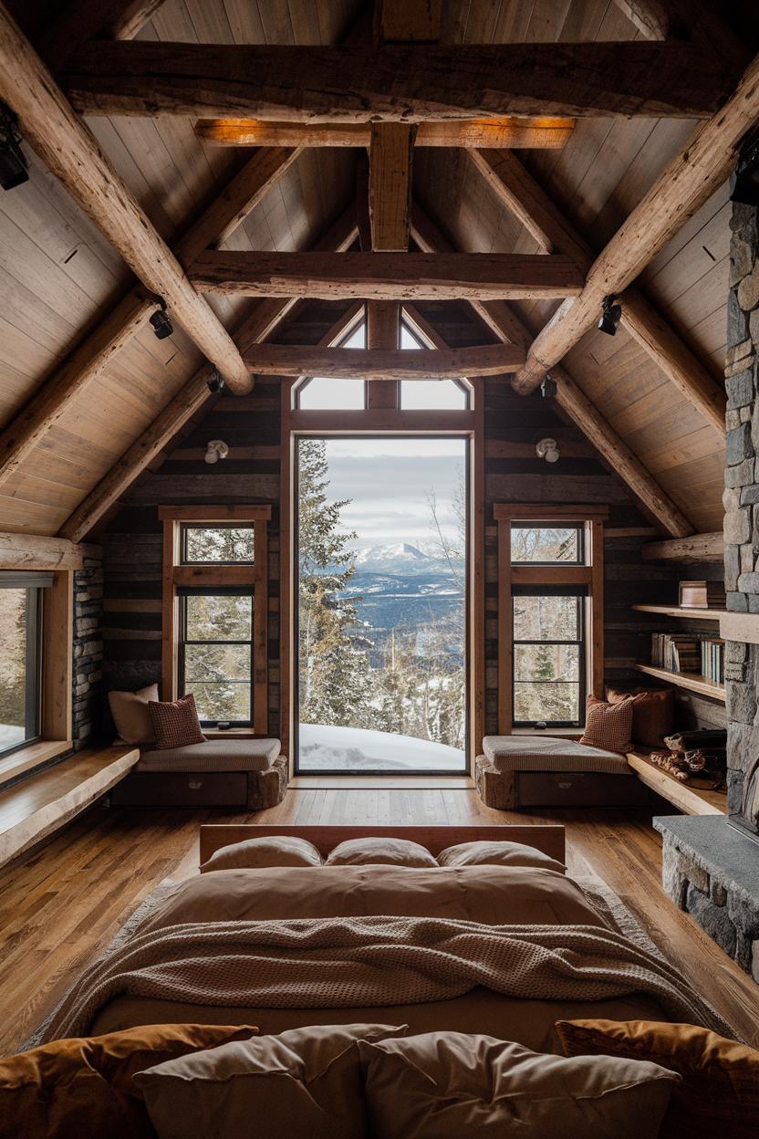 Log cabin interior with big window view of snowy mountains