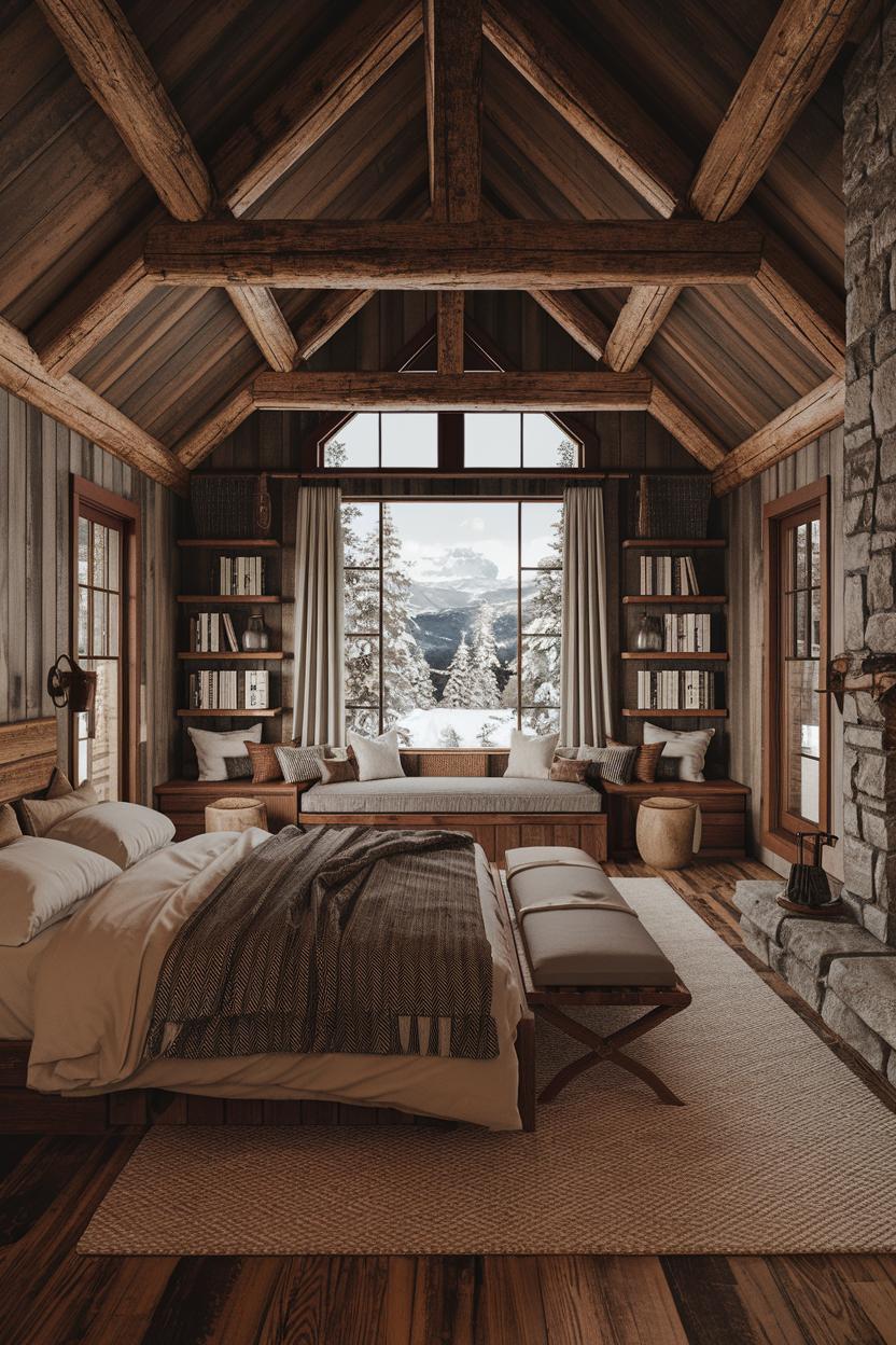 Cozy winter cabin interior with rustic features and snowy window view