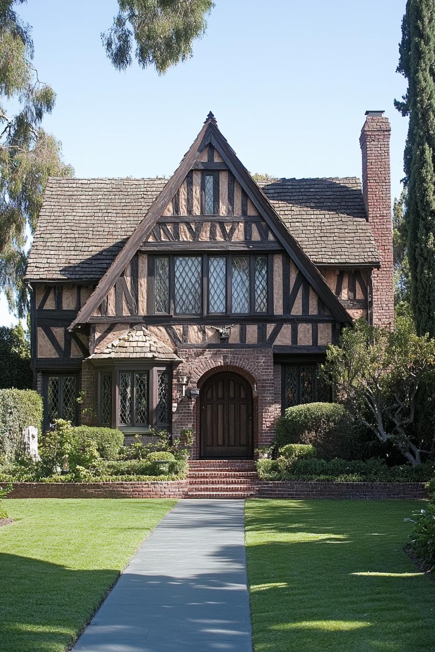 Tudor-style 1920s house with intricate timbering and lush garden