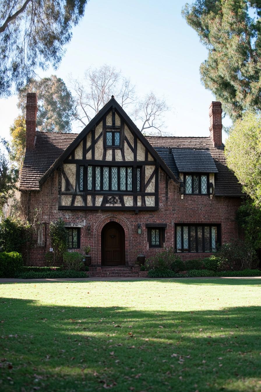 Brick Tudor-style home with steep gables and large lawn