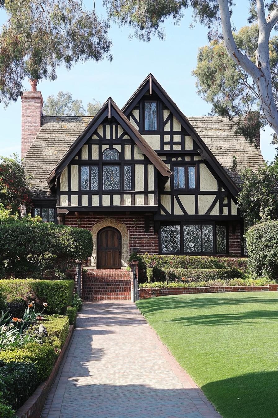 Tudor-style home with lush greenery and brick pathway