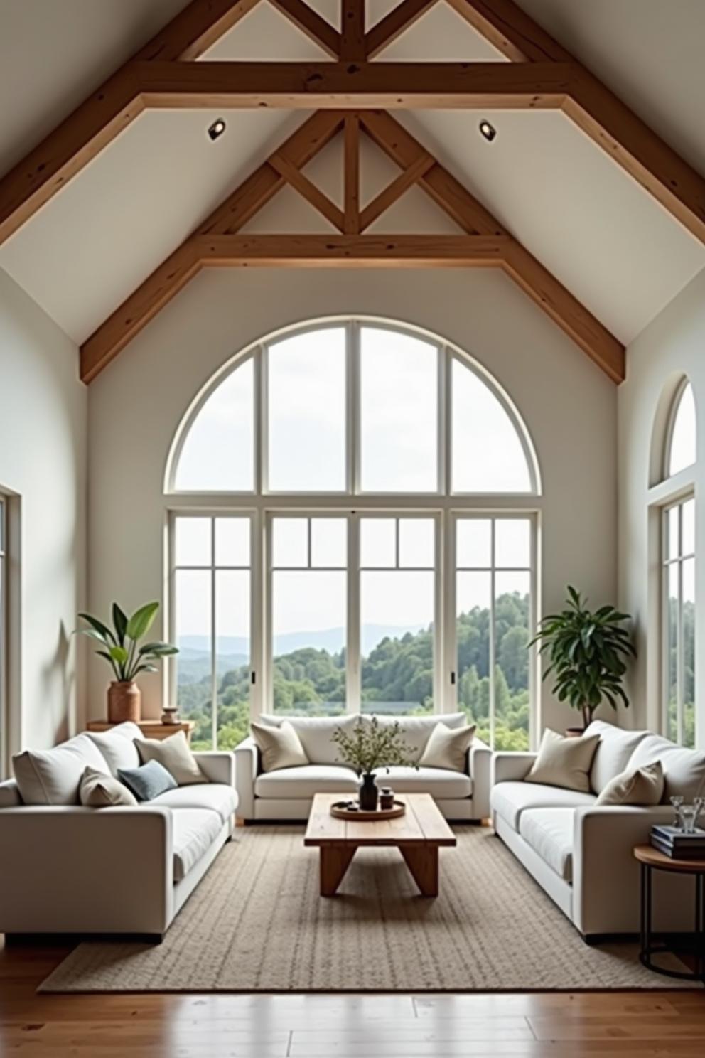 Spacious loft with large arched windows and wooden beams