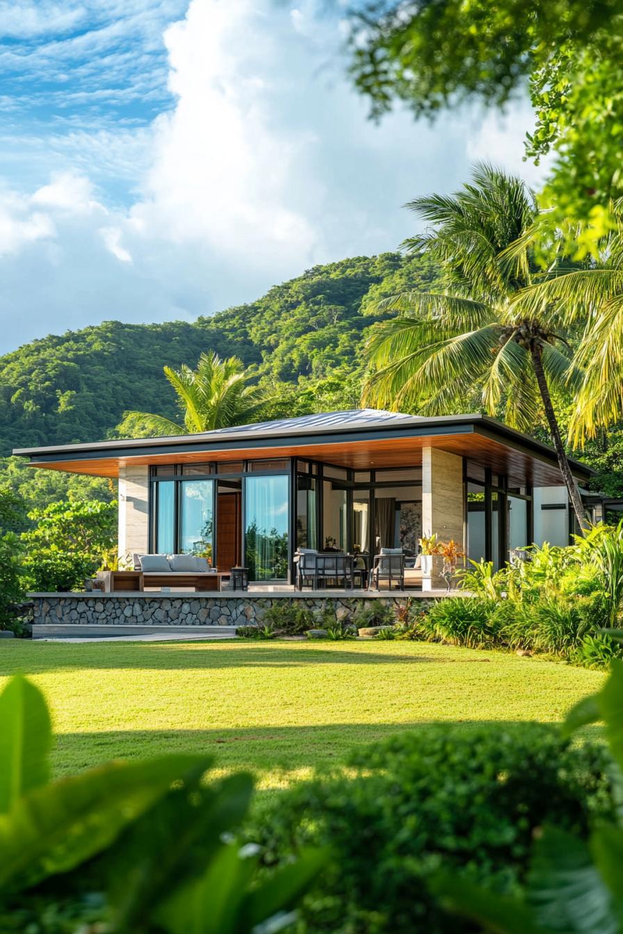 Modern tropical villa with large windows, surrounded by lush greenery