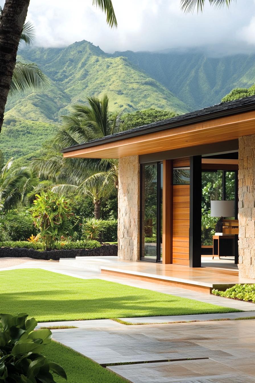 Modern villa with large glass windows amidst lush greenery and mountainous backdrop