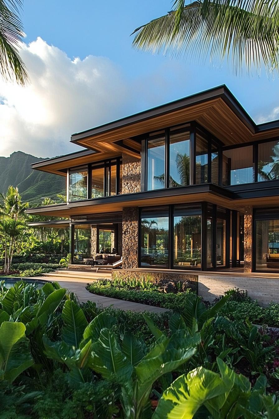 Modern tropical villa with large glass windows amidst lush greenery