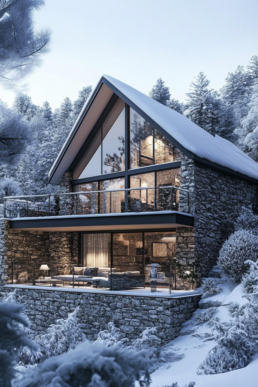 Modern stone house with large windows, nestled in a snowy forest