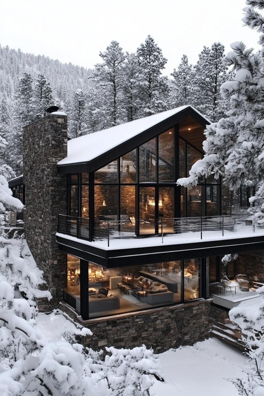 Charming stone and glass house in snowy forest