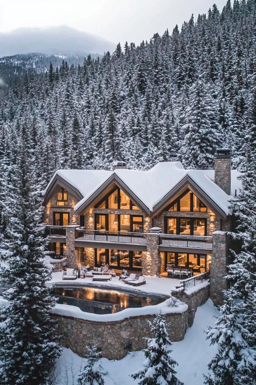 Luxury mountain house with large windows, surrounded by snow-covered trees