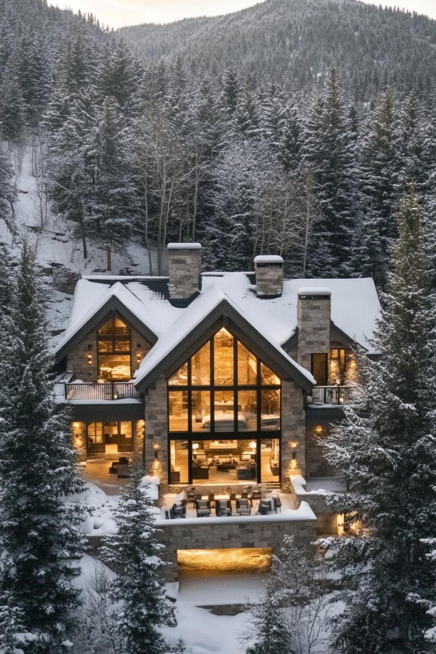 A cozy mountain house nestled in snowy woods