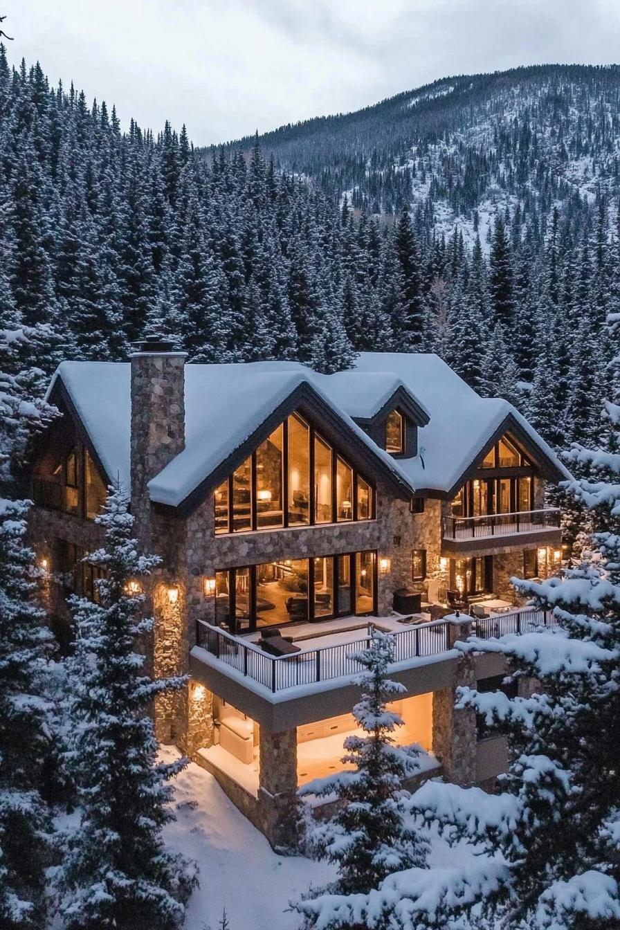 Luxurious stone house amidst snowy forest