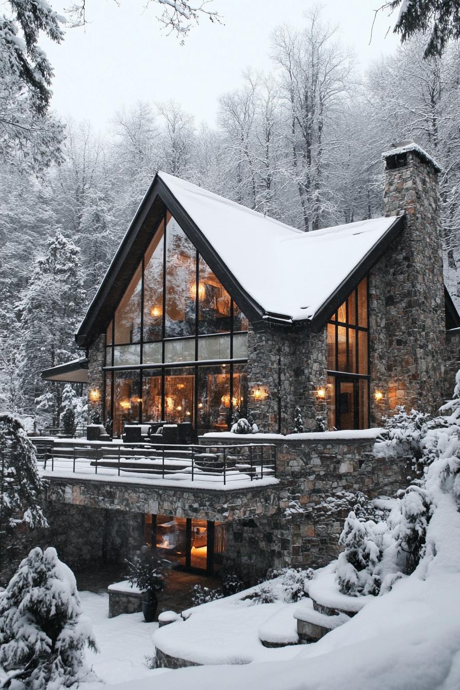 A-frame glass house with stone accents nestled in a snowy forest