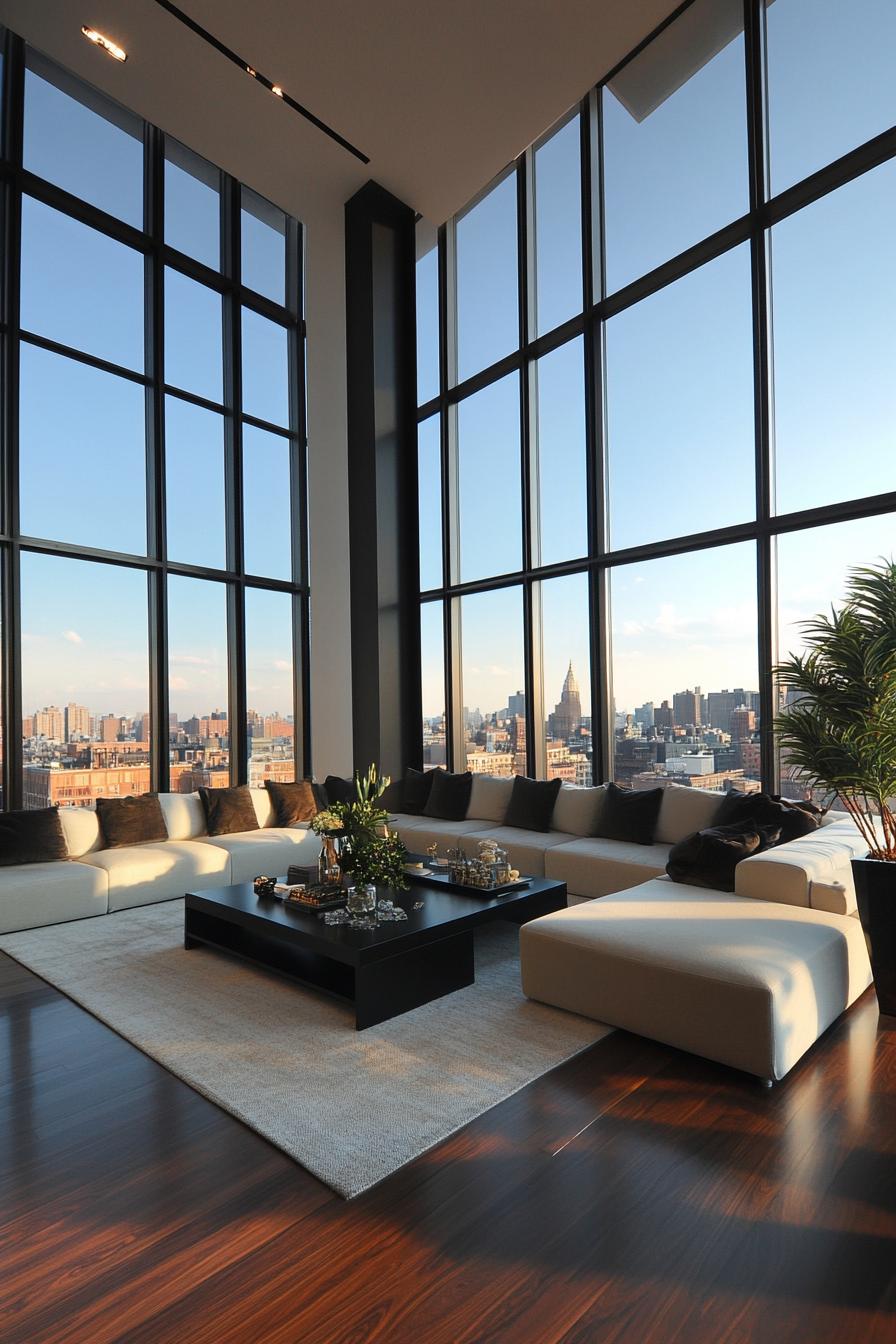 Modern penthouse with large windows overlooking the city