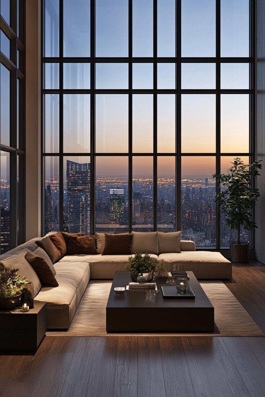 Luxurious penthouse living room with large windows and city view