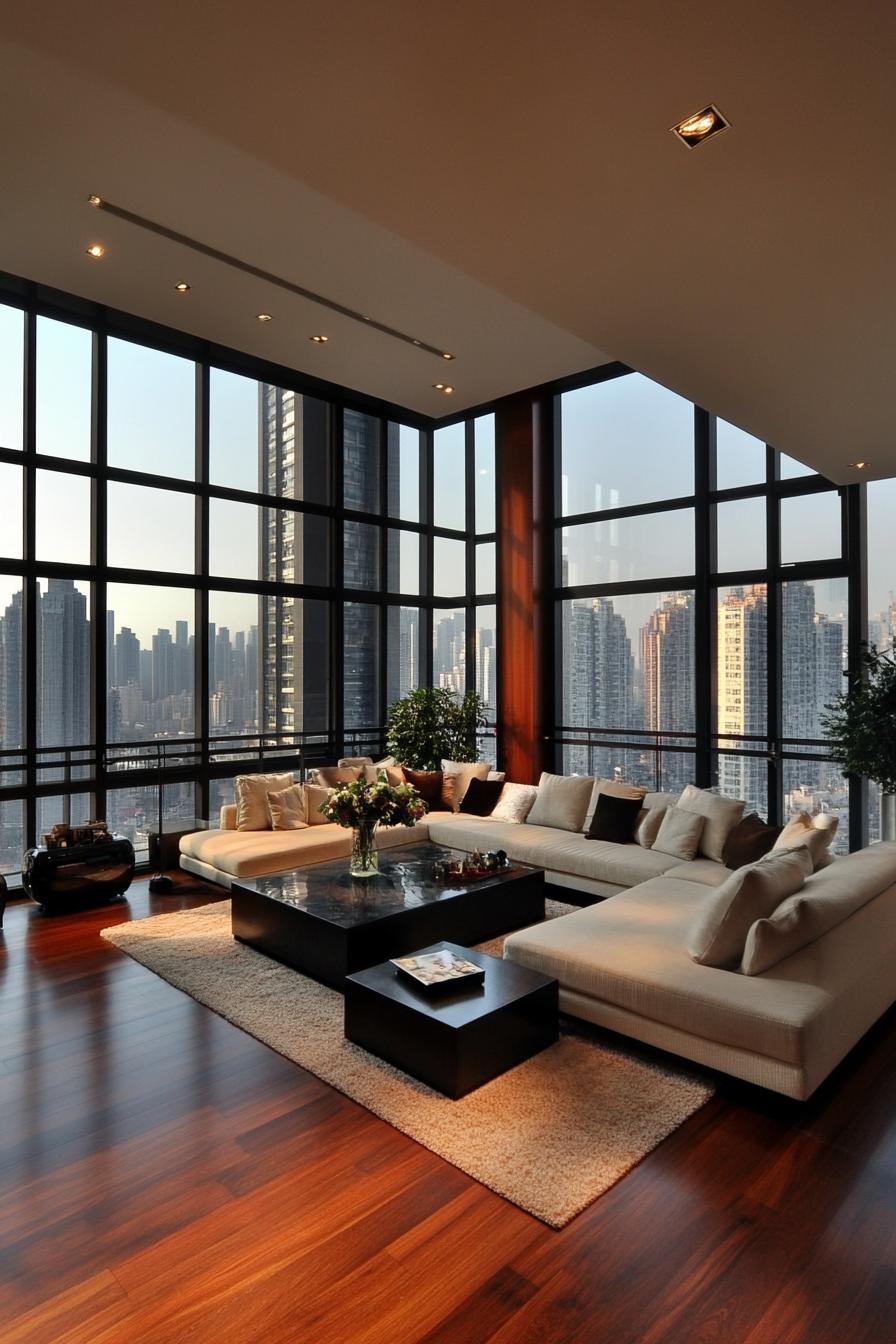 Luxurious modern living room with skyline view