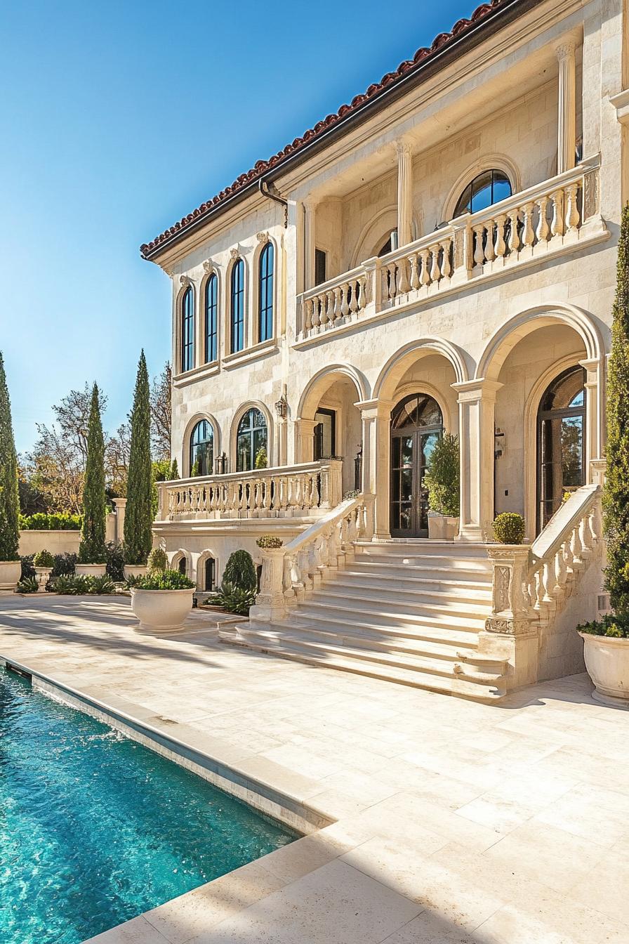 Luxury villa with arches, steps, and a sparkling pool