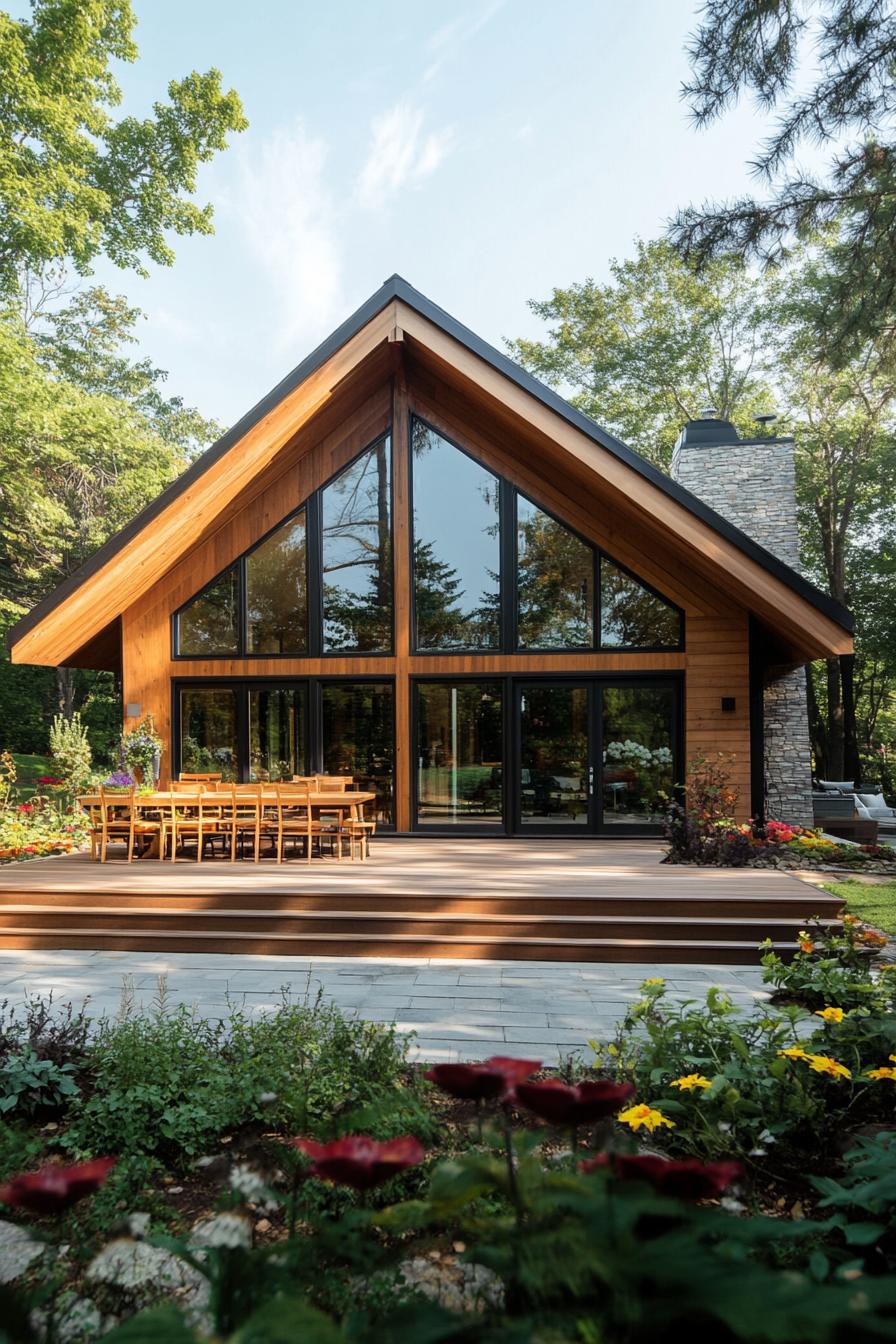 Modern bungalow featuring an A-frame design with a spacious patio