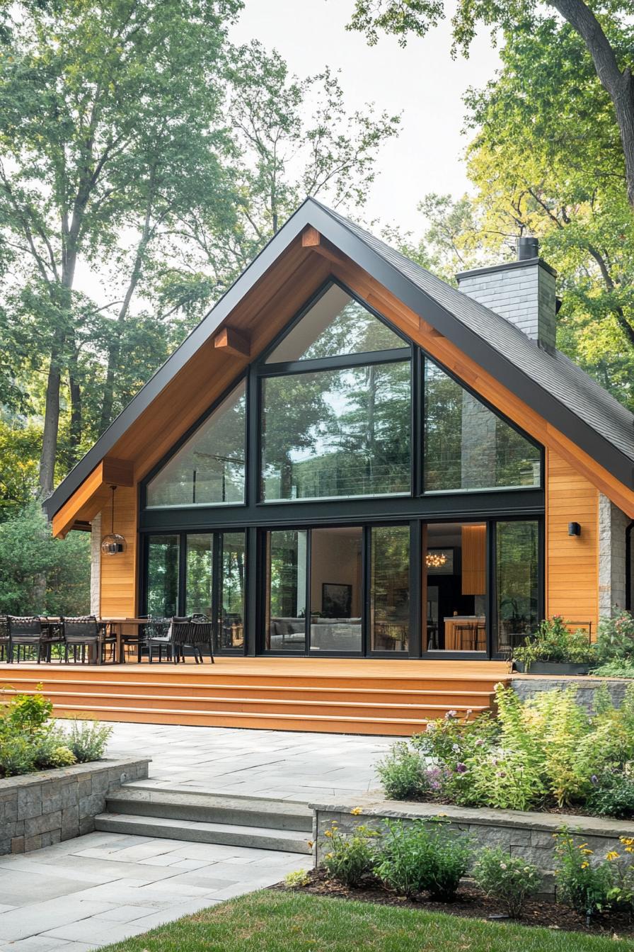 Modern bungalow with large glass windows amidst greenery