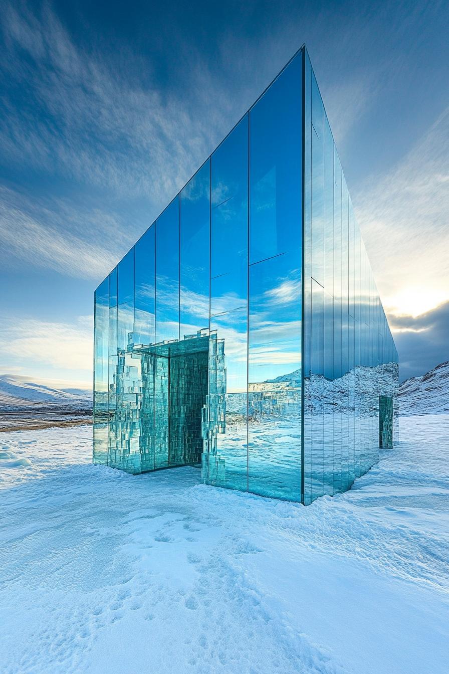 Glass building reflecting snowy landscape