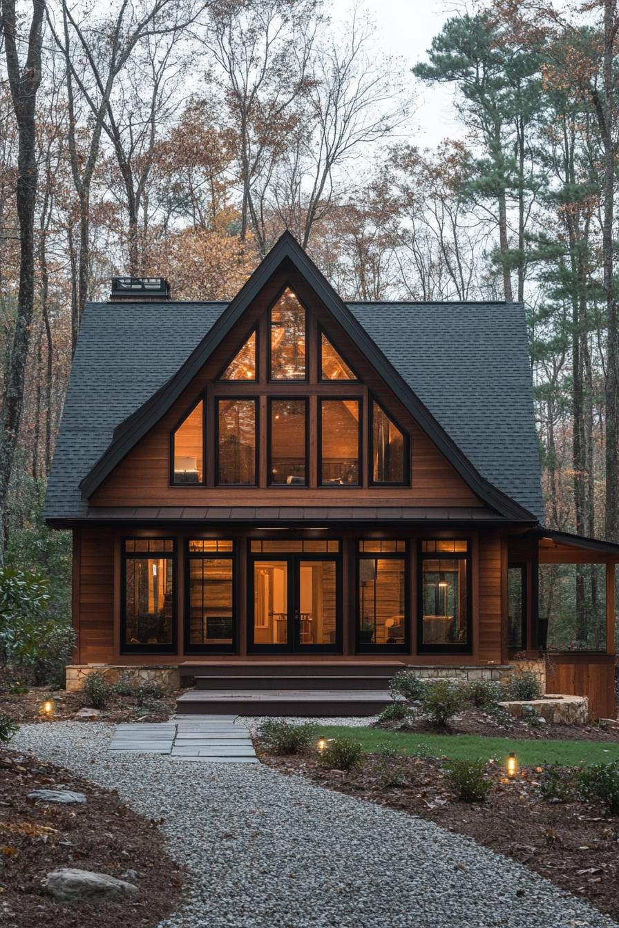 A-Frame cabin with large windows amidst trees