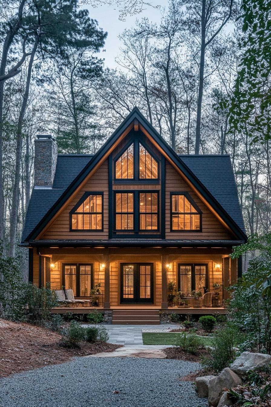 A charming A-frame cabin amidst a forest setting