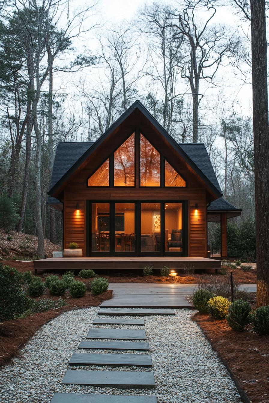 Cozy A-frame cabin nestled in the forest with warm lighting and a stone path