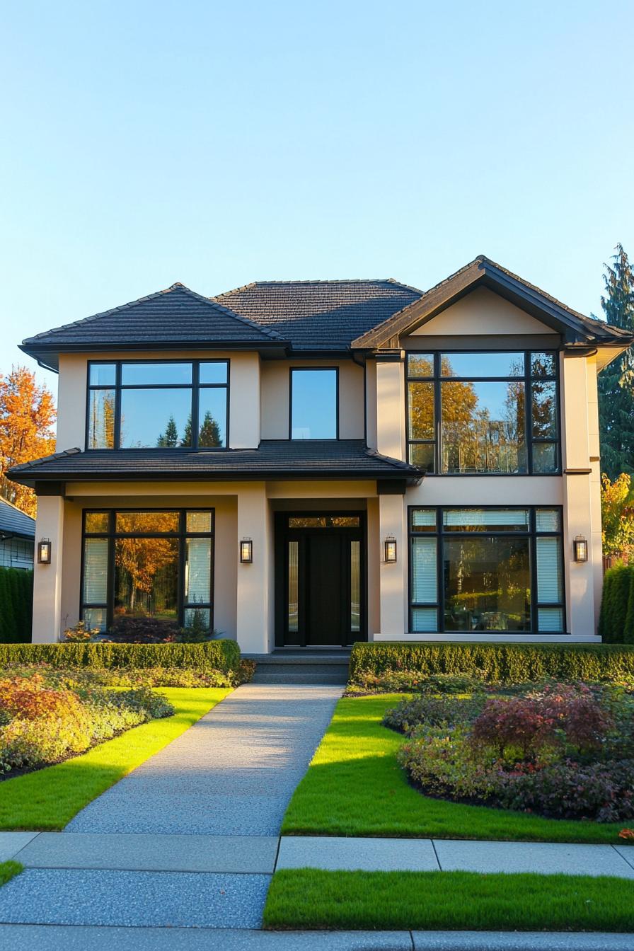 Modern suburban house with large windows and a tidy lawn