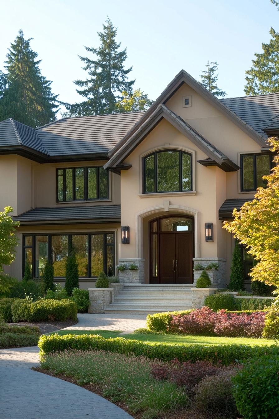 A modern suburban house with stone steps and lush greenery