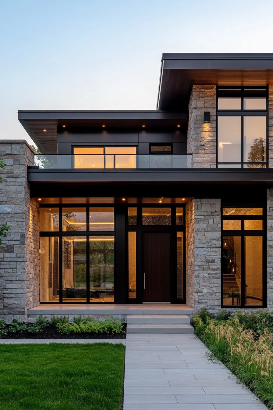 Sleek glass and stone modern home exterior