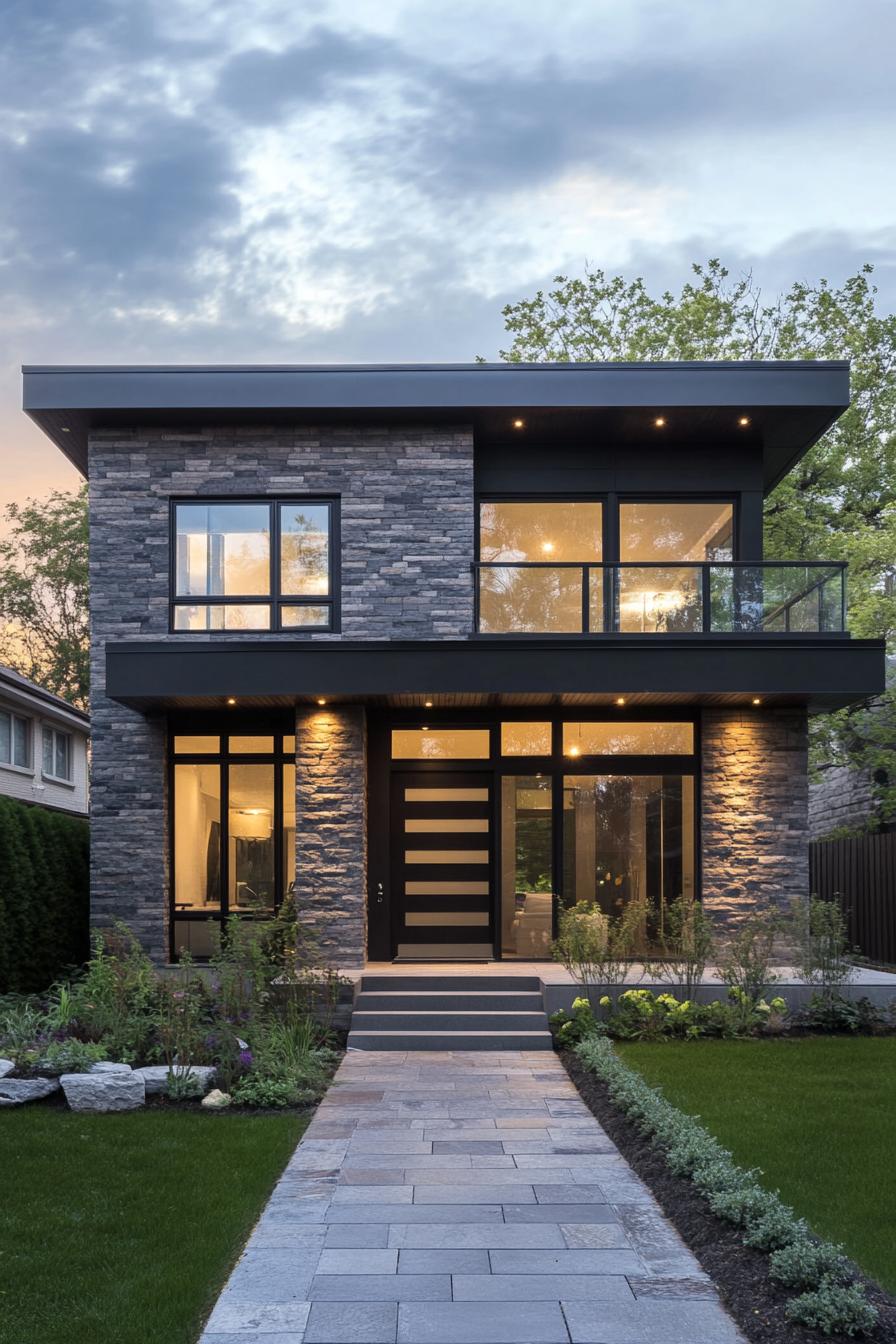 Modern two-story house with stone and glass facade