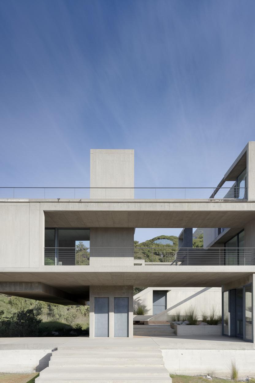 Bold concrete structure with glass accents against a clear sky