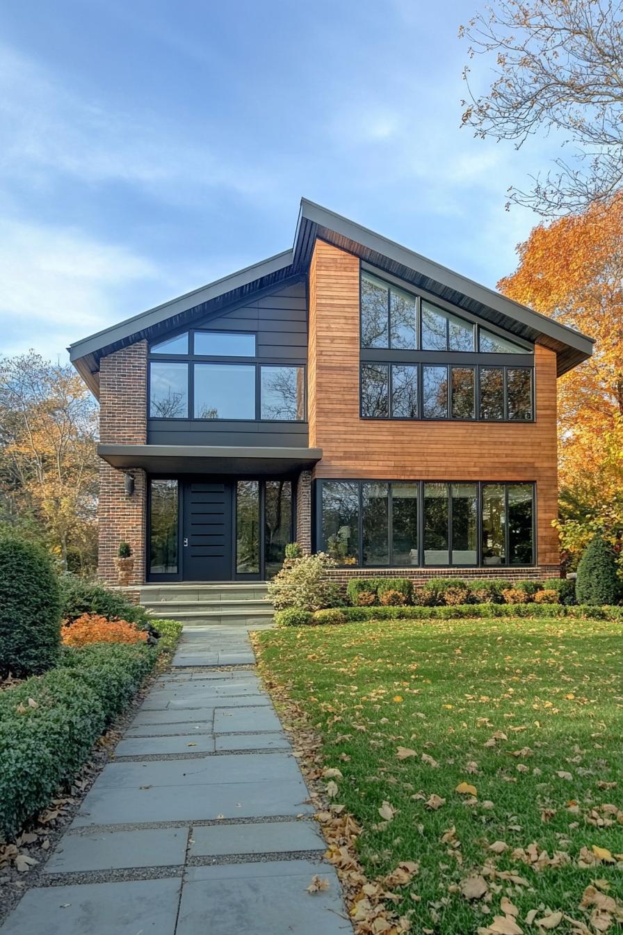 Two-story house with large windows and a sloped roof